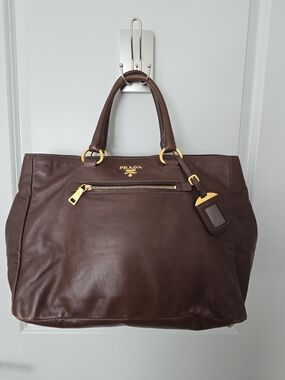 Prada Dark Brown Leather Duffel Bag with Gold Hardware